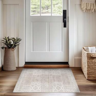 Imagem de jinchan Tapete de área Boho 2x3 Tapete vintage lavável tapete de porta interior geométrico pequeno tapete antiderrapante tapete tribal fino tapete de fazenda tapete para cozinha banheiro quarto marrom marfim