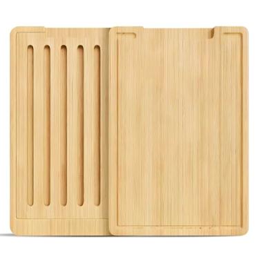 Imagem de KOPCHER Conjunto de 2 tábuas de corte de bambu, 39,6 cm/27,2 cm/2,5 cm, com sulcos de suco, com bandeja coletora de migalhas, tábuas grossas para cortar carne, alça fácil de segurar, caixa de presente