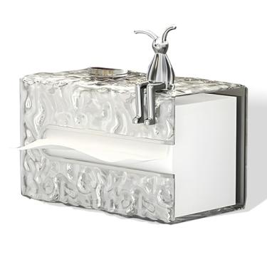 Imagem de Caixa de lenços de acrílico montada na parede com textura de geleira de cristal, porta-guardanapos à prova d'água com decoração de coelho, dispensador de papel de banheiro sem perfuração para pia e