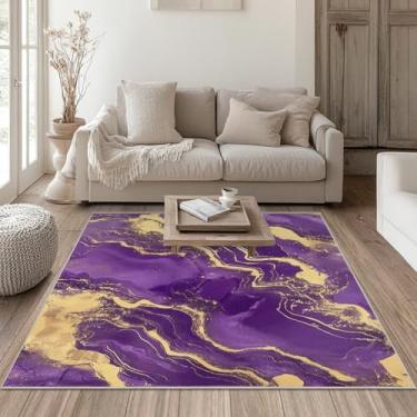 Imagem de Tapete moderno de 10 x 15 cm roxo e dourado para sala de estar, interior, lavável à máquina, tapetes abstratos para quarto, ultramacio, sala de jantar, tapete antiderrapante para casa, escritório