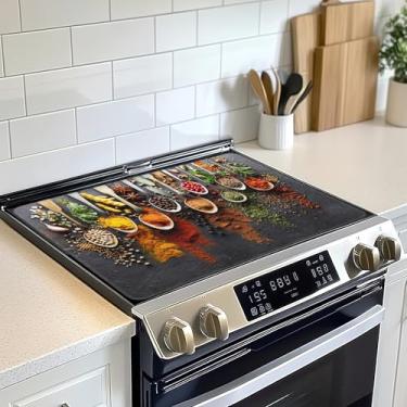 Imagem de Protetor de tampa de fogão elétrico colorido com várias ervas, tapete de fogão de vidro para especiarias, tapete de fogão de indução de forno resistente ao calor para tapetes de bancada de cerâmica