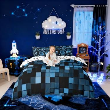 Imagem de Manfei Conjunto de capa de edredom infantil Pixelated Blocks, tamanho casal, patchwork, videogame, meninas, meninos, decoração de quarto quadriculado geométrico, capa de colcha azul, 2 fronhas (sem
