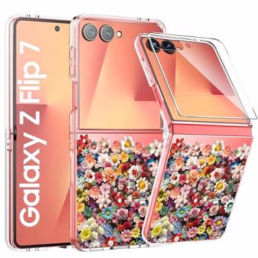 Imagem de Capa Z Flip7 transparente para Samsung Galaxy Z Flip 7 Flowers e protetor de tela para Galaxy Flip Z 7 capa de telefone capa de telefone floral fina à prova de choque para mulheres design de flores