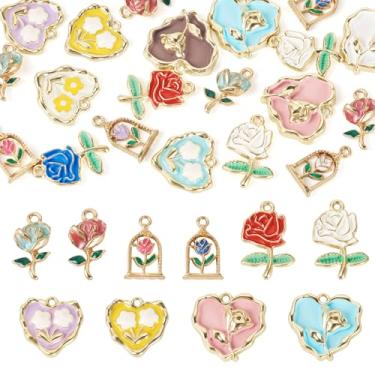 Imagem de Spritewelry Pingentes de flores esmaltadas, pingentes de flores de pintura a óleo 3D, pingentes dourados ocidentais para fabricação de joias, pingentes de esmalte vintage de liga para colar, pulseira