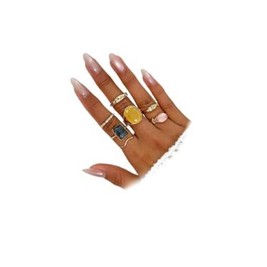 Imagem de Douxsu Anéis de articulação com cúpula martelada dourada colorida colorida empilháveis para mulheres, anel de resina grossa retrô empilhável para festa de formatura acessórios de joias, Metal, Sem