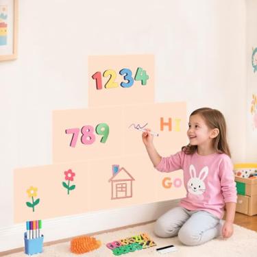 Imagem de OMKSIH Conjunto de 6 folhas magnéticas com ímã para quadro-negro e chá de leite para crianças, com quebra-cabeça de tangram de giz e vários acessórios, quadro de giz magnético para sala de jogos em