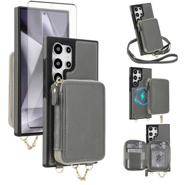 Imagem de Capa de telefone para Samsung Galaxy S25 Ultra 5G carteira com zíper capa protetora de tela transversal alça magnética destacável compatível com MagSafe S25Ultra 25S S 25 25Ultra feminino cinza