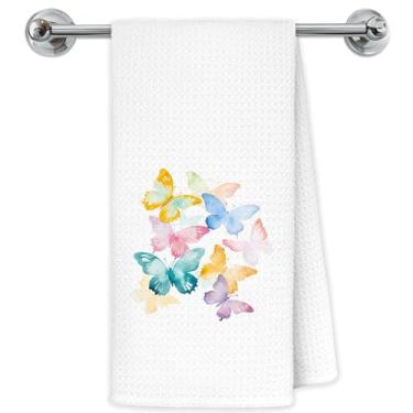 Imagem de Exqcom Toalhas de cozinha de borboleta coloridas, toalhas de mão femininas para banheiro e cozinha, toalha de prato decorativa de borboleta estética em aquarela, pano de secagem, 40 x 61 cm