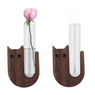 Imagem de UFURMATE Vaso de bigode de gato, ímã de geladeira 2 peças de imãs de geladeira de madeira com tubo de vidro, vaso de flores magnéticas, acessórios de geladeira para flores frescas, bigode de animais
