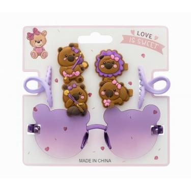 Imagem de Kit Acessórios Infantis 7 peças – Óculos de Sol Rosa Ursinho + 4 Presilhas Decoradas + 2 Piranhas - Conjunto para Meninas Festa, Lembrancinha e Fantasia (Roxa)