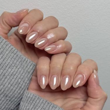 Imagem de Unhas postiças curtas médias amêndoas cromadas nude com cobertura completa simples Desien cola acrílica falsa em unha para mulheres, 24 peças