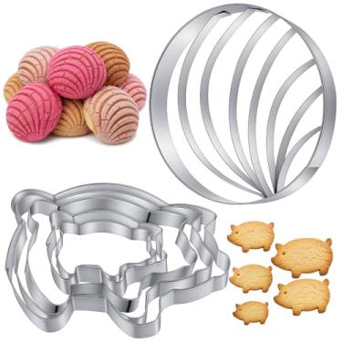 Imagem de Wanmu 6 peças de molde de pão mexicano cortador de concha com 5 tamanhos de conjunto de cortadores de biscoito de porco, cortadores de concha de dupla face para fãs de livros de receitas mexicanos