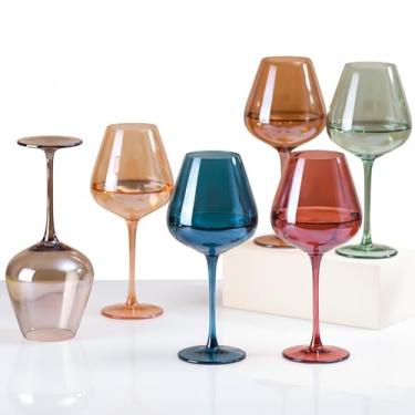 Imagem de CLUSIVC Conjunto de 6 taças de vinho coloridas – 【sopradas à mão】 510 g Taça de vinho vinho de cristal colorido sem chumbo colorido para festa, taças de vinho para presentes de ano novo