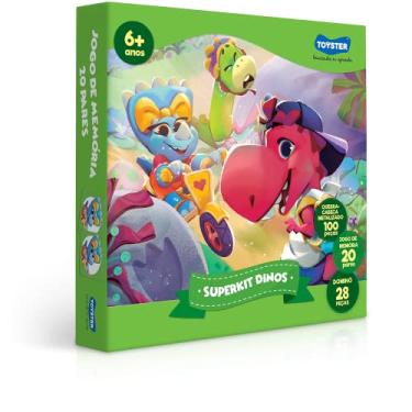 Imagem de Toyster - Super Kit: Dinos - 3 jogos em 1 (Quebra-cabeça 100 peças Metalizado + Jogo de Memória + Dominó)