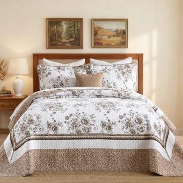 Imagem de QuiltMuse Colcha King extragrande 100% algodão 325 x 304,8 cm - Colcha leve Farmhouse California com 2 fronhas, estampa reversível, estampa floral, extra larga, conjunto de colcha de cama acolchoada