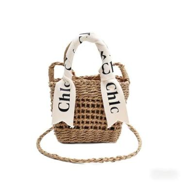 Imagem de Eiyye Bolsa transversal de palha para mulheres - Mini bolsa tecida à mão com alça de ombro de 113 cm, design de letras fofas, acessório de moda de praia e verão (Cáqui), Caqui
