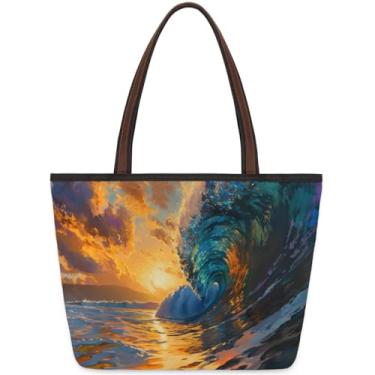 Imagem de hongjinglin Sacola grande feminina Ocean Sunset Waves Work Cloth Bags com zíper reutilizável mercearia bolsa casual viagem pernoite tote bolsas adequadas para viagens, trabalho, férias, praia, compras