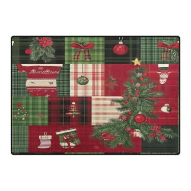 Imagem de Blueangle Tapetes de Natal laváveis de 12 x 16,7 cm para sala de estar - Tapete ultramacio antiderrapante resistente a manchas com estampa de patchwork de Natal para quarto e escritório (495)