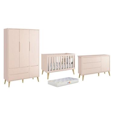 Imagem de Dormitório Theo 3 Portas Rosa Com Pés Madeira Natural E Colchão D18 Branco - Reller Móveis Rosa