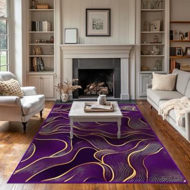 Imagem de Mecowcm Tapete moderno dourado roxo para sala de estar, interior, lavável à máquina, tapetes abstratos, para quarto, sala de jantar, tapete grande, antiderrapante, para casa, escritório, sala de jogos