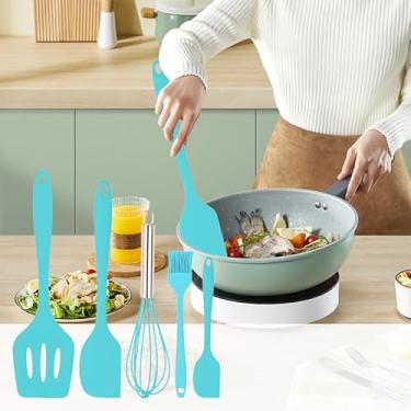 Imagem de 5 ferramentas de silicone de silicone resistente a altas temperaturas com espátulas, batedor e pincel para raspar, assar, cozinhar, misturar (azul)