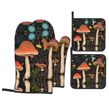 Imagem de Conjunto de luvas de cozinha estampadas de cogumelos com suportes de tampa, luvas de forno resistentes ao calor para manusear panelas quentes, grelhar, churrascos, kit de 4 peças.