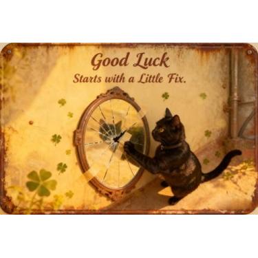 Imagem de DMDMBSR Placa de lata de gato preto de boa sorte, arte de parede vintage com símbolos de espelho quebrado e trevo, decoração folclórica sexta-feira 13 para casa, escritório, bar - placa de metal de 20