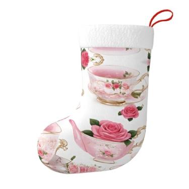 Imagem de ZERAOKE Xícaras de chá com rosas românticas gastas - meia de Natal de pelúcia estampada, decoração de férias em família personalizada para lareira e decoração de árvore, armazenamento de presente