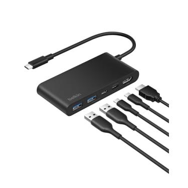 Imagem de Belkin Hub USB C, hub de 5 portas com tela HDMI 4K a 60Hz, entrega de energia de 100 W, transferência rápida de dados de 5 Gbps, adaptador multiportas USB C para MacBook, iPad Pro, Chromebook e mais
