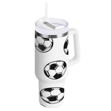 Imagem de STAYTOP Copo de futebol esportivo de 1,134 g com tampa e canudo, copo isolado de aço inoxidável durável à prova de vazamento com alça, garrafas de água à prova de derramamento para viagens