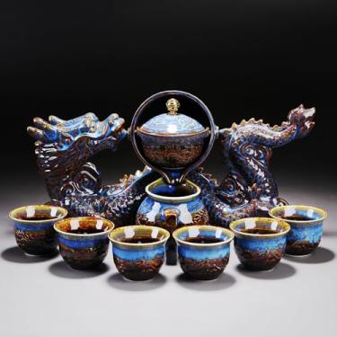Imagem de Conjunto de chá chinês Gongfu – Bule de chá giratório de cerâmica 360 com infusor, 6 xícaras, design de dragão semiautomático para chá de folhas soltas