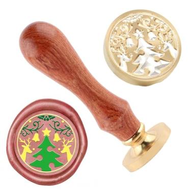 Imagem de Selo de cera de Natal Carimbo de selagem de árvore de Natal e uma cabeça de carimbos de cabo de madeira para decoração de presente Cartões de Natal Envelopes de Ano Novo Vedação de cera