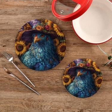 Imagem de CEBUGI Conjuntos de suportes de panela redondos de algodão para panelas quentes resistentes ao calor para cozinhar e assar, 2 peças de galinha azul