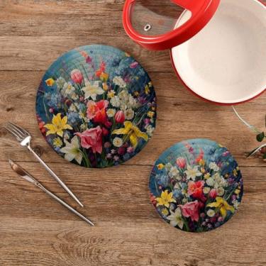 Imagem de CEBUGI Conjuntos de suportes de panela redondos de algodão para panelas quentes resistentes ao calor para cozinhar e assar, 2 peças de flores silvestres