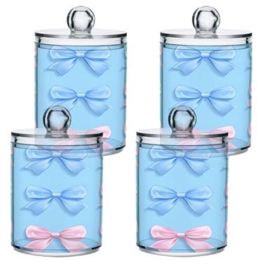 Imagem de STAYTOP 4 peças de potes de boticário para banheiro com etiquetas – recipiente de armazenamento de plástico transparente para bola de algodão, cotonete, grão de café e 4 peças