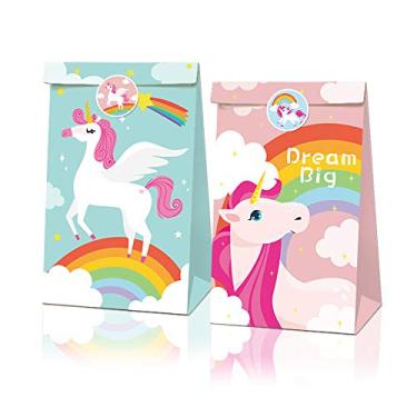 Imagem de 24 peças de lembrancinhas de festa de unicórnio mágico, sacos de presente de papel encantadores para celebrações dos sonhos. Linda bolsa de presente vem com 36 adesivos