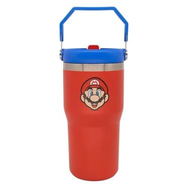 Imagem de Zonacriativa - Copo Tumbler Hanger Super Mario Nintendo (650ml) | Aço inoxidável parede dupla, alça para carregar e canudo