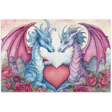 Imagem de Quebra-cabeças fofos dos dragões do Dia dos Namorados, 500 peças, adultos, desenho animado, animal, mordaça, presente, presentes de elefantes brancos, 51 x 35 cm