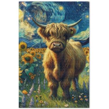 Imagem de Quebra-cabeças Highland Cow Starry Night Girassol para adultos 1000 peças engraçadas decoração de casa arte personalizada paisagem quebra-cabeça família elefante branco presentes, 75 x 40 centímetros