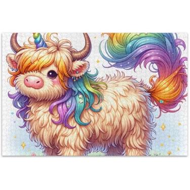 Imagem de Quebra-cabeças Unicórnio Highland Gado para adultos 500 peças Quebra-cabeça família amantes presentes arte quebra-cabeça animal arte, 20,5 x 14,9 polegadas
