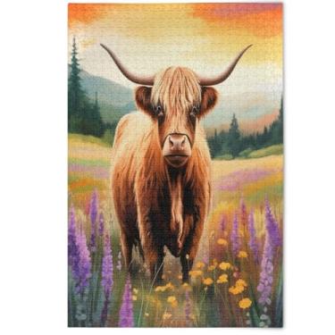 Imagem de Quebra-cabeça de vaca vintage Brown Highland 1000 peças para adultos cenário arte animal quebra-cabeças duros para adultos elefante branco, 1000 peças, 75 x 50 cm