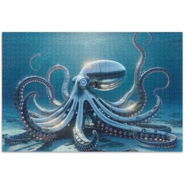 Imagem de Quebra-cabeça de polvo robótico azul mar adultos 500 peças pintura animal mordaça presente quebra-cabeça elefante branco, 51 x 35 centímetros