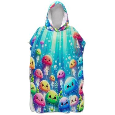 Imagem de Joisal Poncho de surfe reutilizável para adultos trocador de roupa de praia com capuz toalha de banho bonito água-viva azul ponchos femininos com capuz