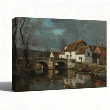 Imagem de Arte de parede em tela Riverside Bridge House, reprodução clássica de pintura a óleo de paisagem europeia, decoração de parede de cena country vintage, embrulhada para galeria, pronta para pendurar