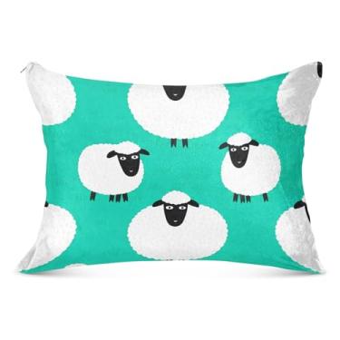 Imagem de Linda fronha decorativa de ovelha branca azul-petróleo com zíper padrão queen king size fronha fofa almofada confortável roupa de cama macia, tamanho Queen, 50,8 cm x 76,2 cm