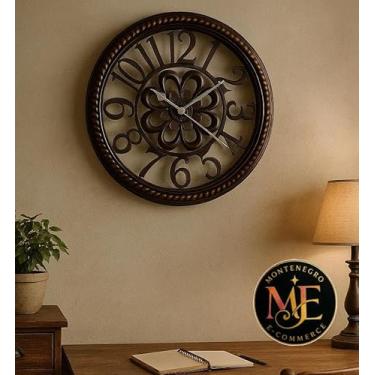 Imagem de Relógio de Parede Gigante 50 cm, Estilo Clássico Vintage, Design Floral, Acabamento Cobreado Envelhecido, Moldura com Textura de Corda