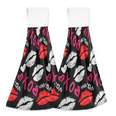 Imagem de Batom vermelho branco preto desenho animado outono pendurado toalhas de cozinha ultra absorvente conjunto de 2, decorações de cozinha fofas personalizadas 18,2 x 14 polegadas