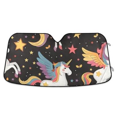 Imagem de Toldo de sol preto de unicórnio de desenho animado personalizado para para-brisa de carro acessórios retráteis engraçados dobráveis para janelas para-brisa frontal M, 139,7 cm x 70,1 cm