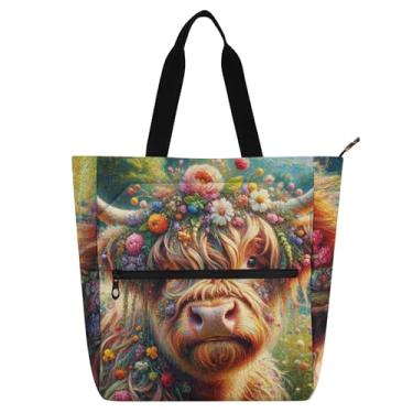 Imagem de GAIGEO Bolsa feminina floral Highland Cow para trabalho, lona, faculdade, escola, bolsa, bolsa feminina com compartimentos