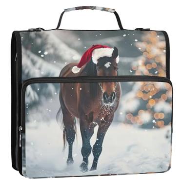 Imagem de Organizador de fichário com zíper de desenho animado de 3 cm, 3 anéis, pasta de armazenamento de cavalos de Natal e inverno, pasta de portfólio com alça para fichários escolares com alça de ombro